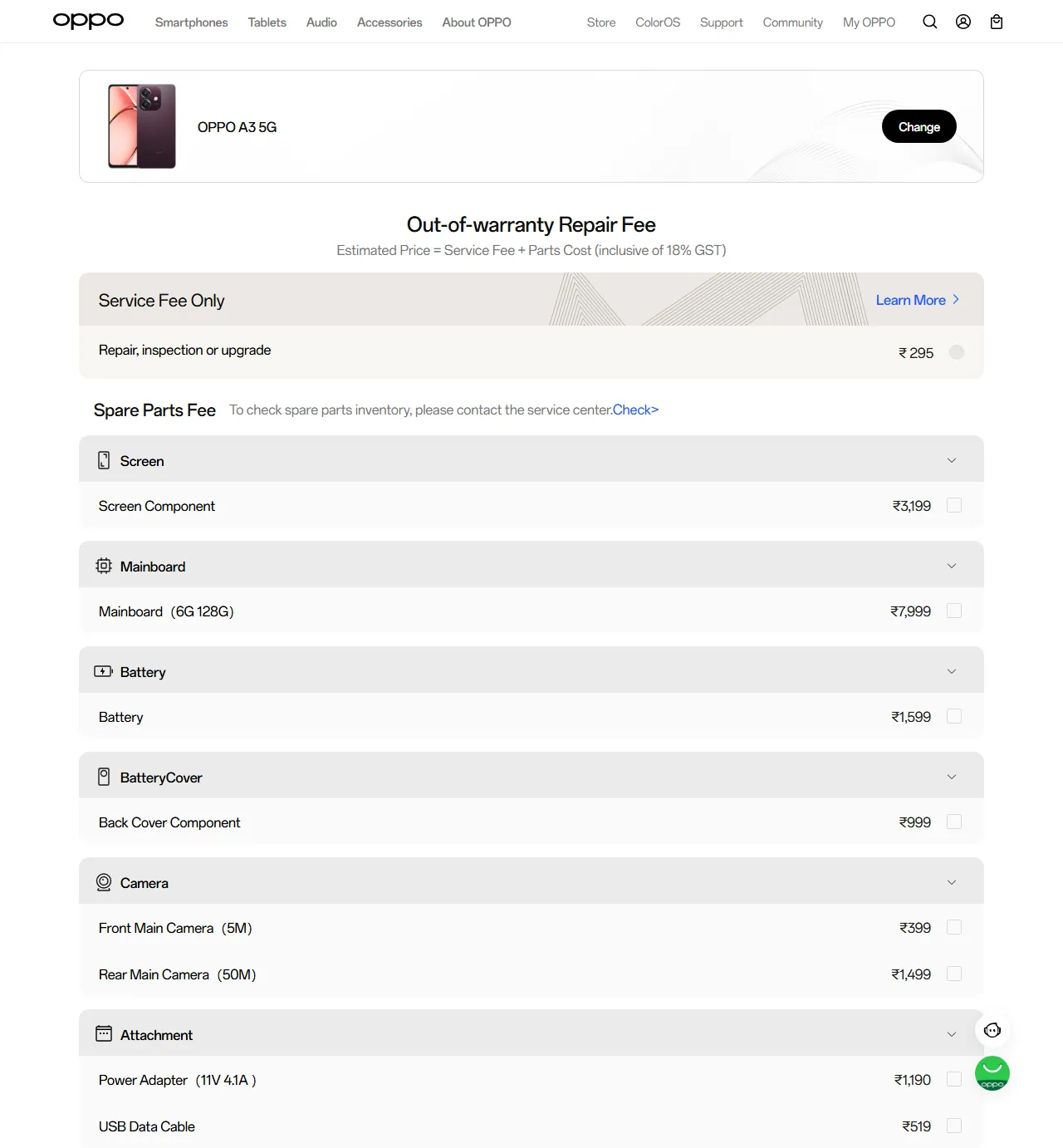 OPPO A3 5G spare parts price list — official OPPO India catalog