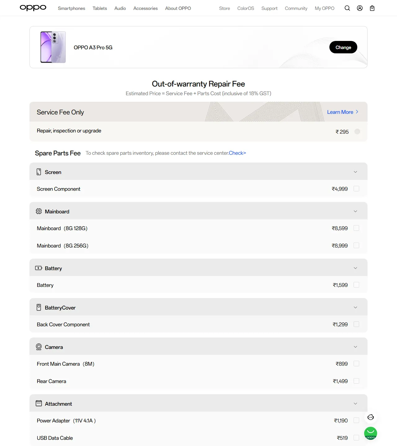 OPPO A3 Pro 5G spare parts price list — official OPPO India catalog