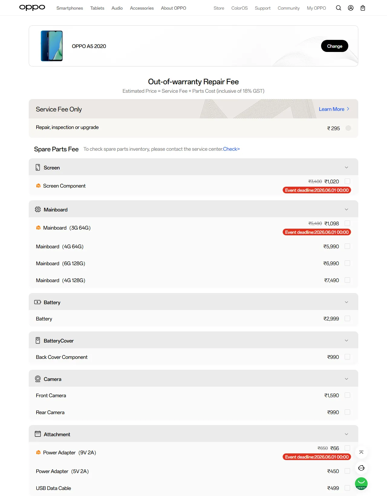 OPPO A5 2020 spare parts price list — official OPPO India catalog