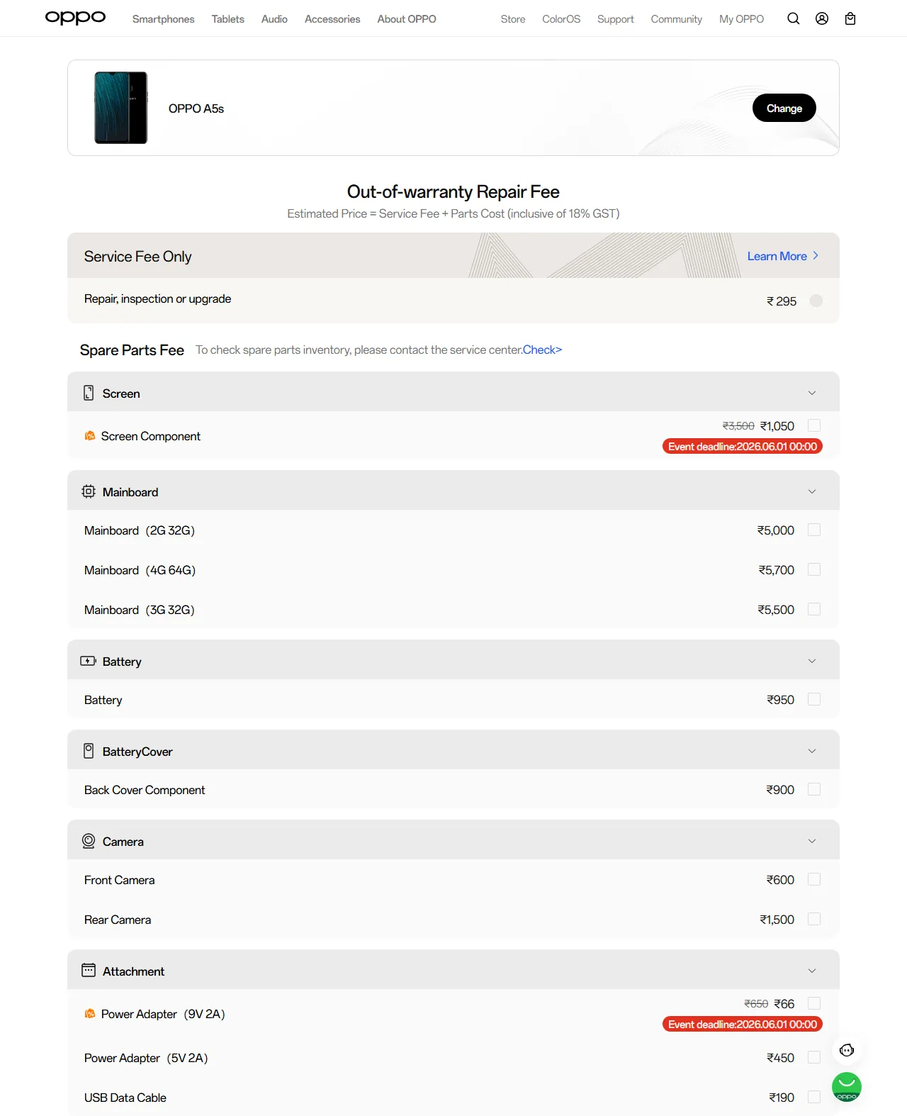 OPPO A5s spare parts price list — official OPPO India catalog