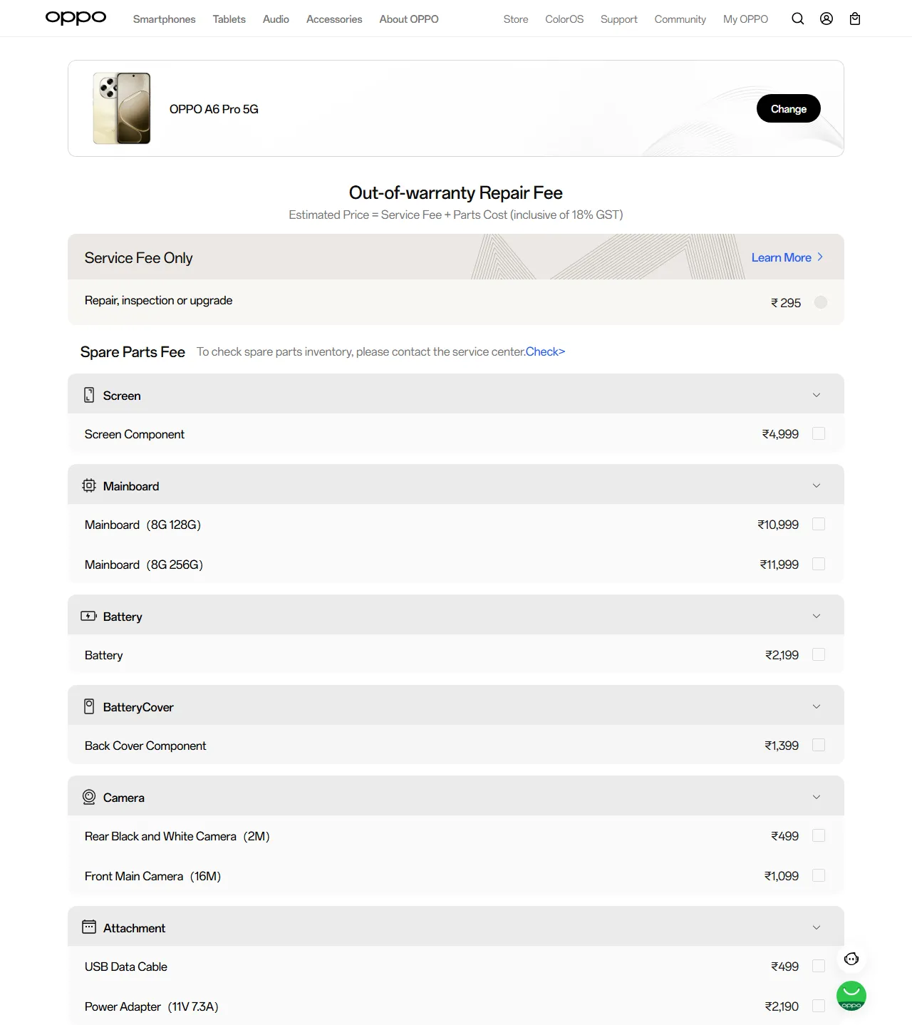 OPPO A6 Pro 5G spare parts price list — official OPPO India catalog