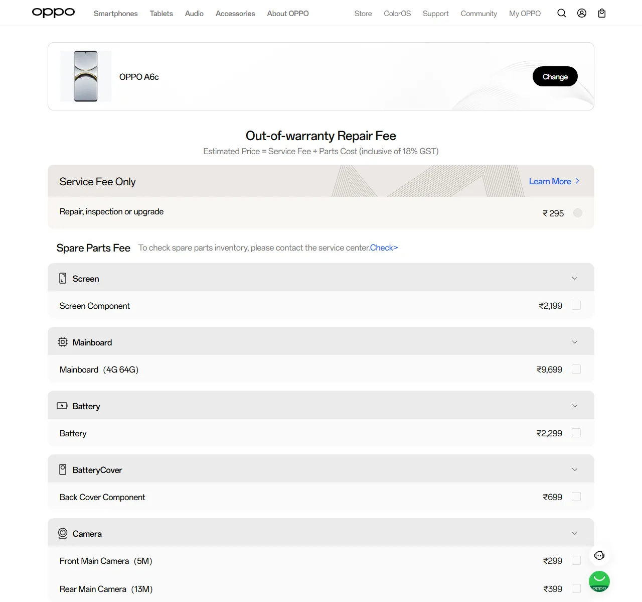 OPPO A6c spare parts price list — official OPPO India catalog