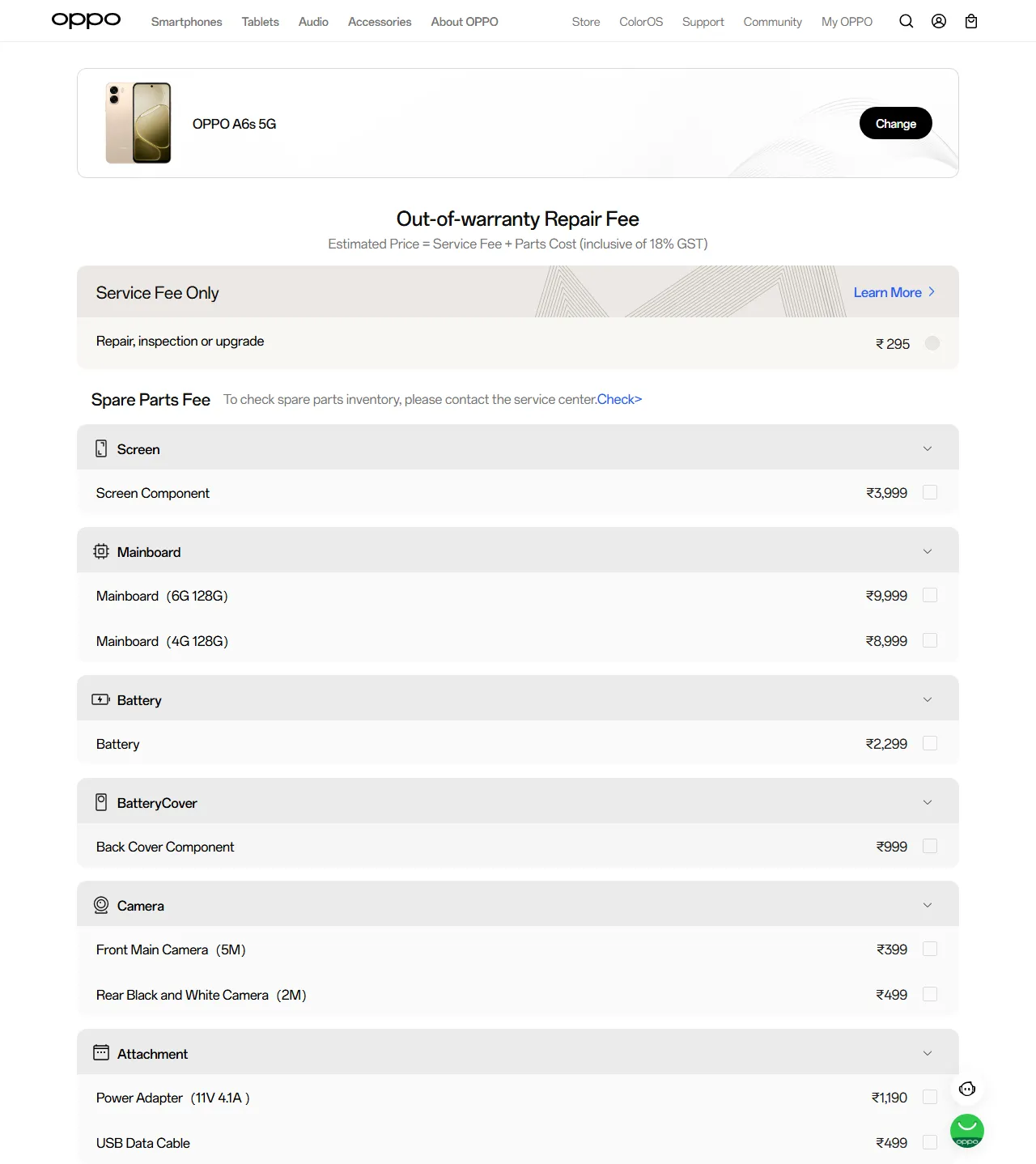 OPPO A6s 5G spare parts price list — official OPPO India catalog