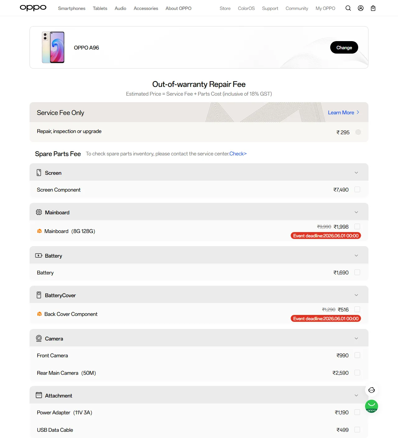 OPPO A96 spare parts price list — official OPPO India catalog