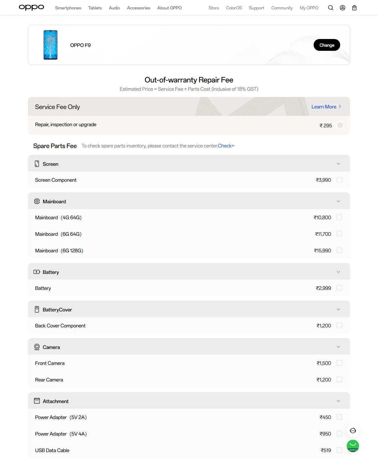 OPPO F9 spare parts price list — official OPPO India catalog