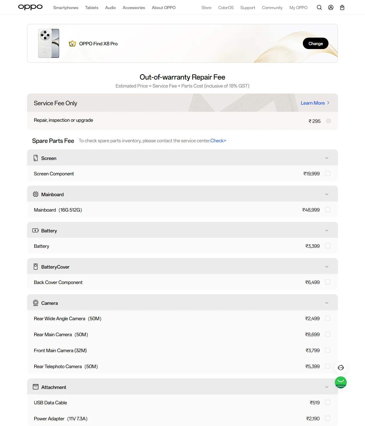OPPO Find X8 Pro spare parts price list — official OPPO India catalog
