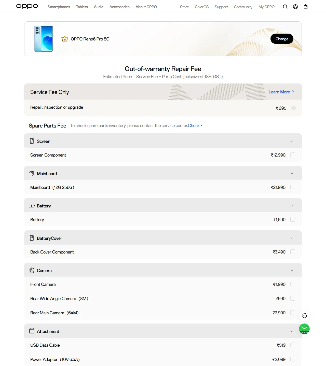 OPPO Reno6 Pro 5G spare parts price list — official OPPO India catalog