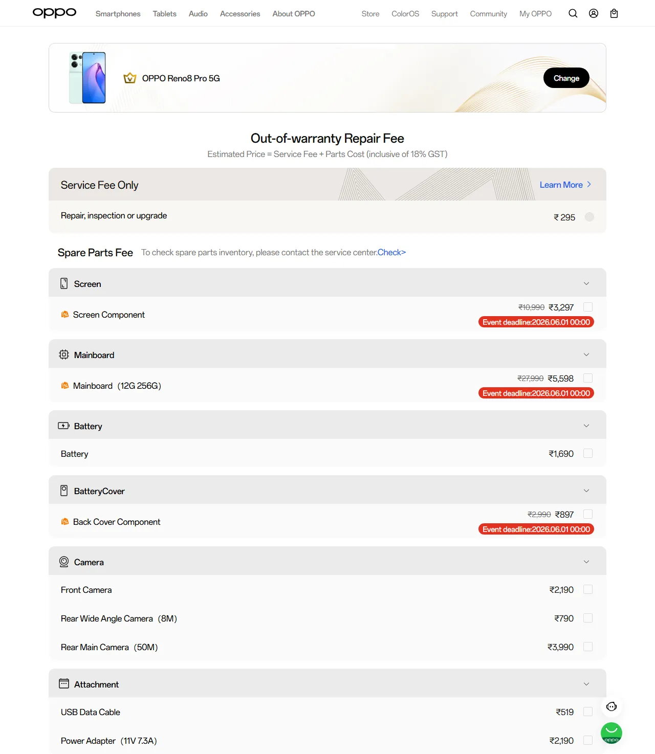 OPPO Reno8 Pro 5G spare parts price list — official OPPO India catalog