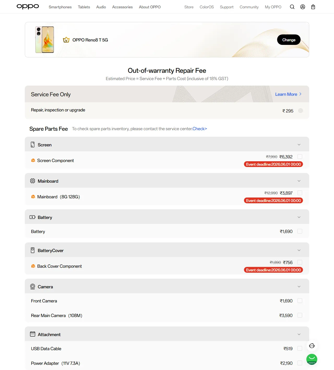 OPPO Reno8 T 5G spare parts price list — official OPPO India catalog